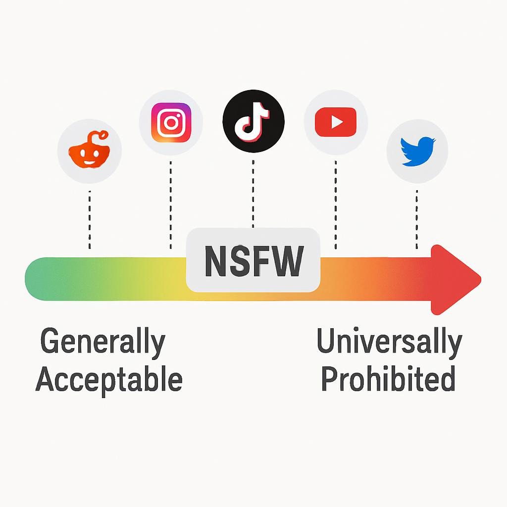 Infographic depicting NSFW content categories ranging from artistic nudity to illegal content, with AI platform policy positions marked along the spectrum.