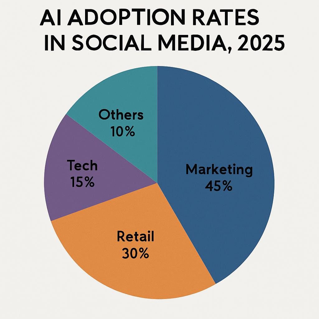 Pie chart showing AI adoption rates: Marketing (45%), Retail (30%), Tech (15%), and Others (10%) in social media for 2025.