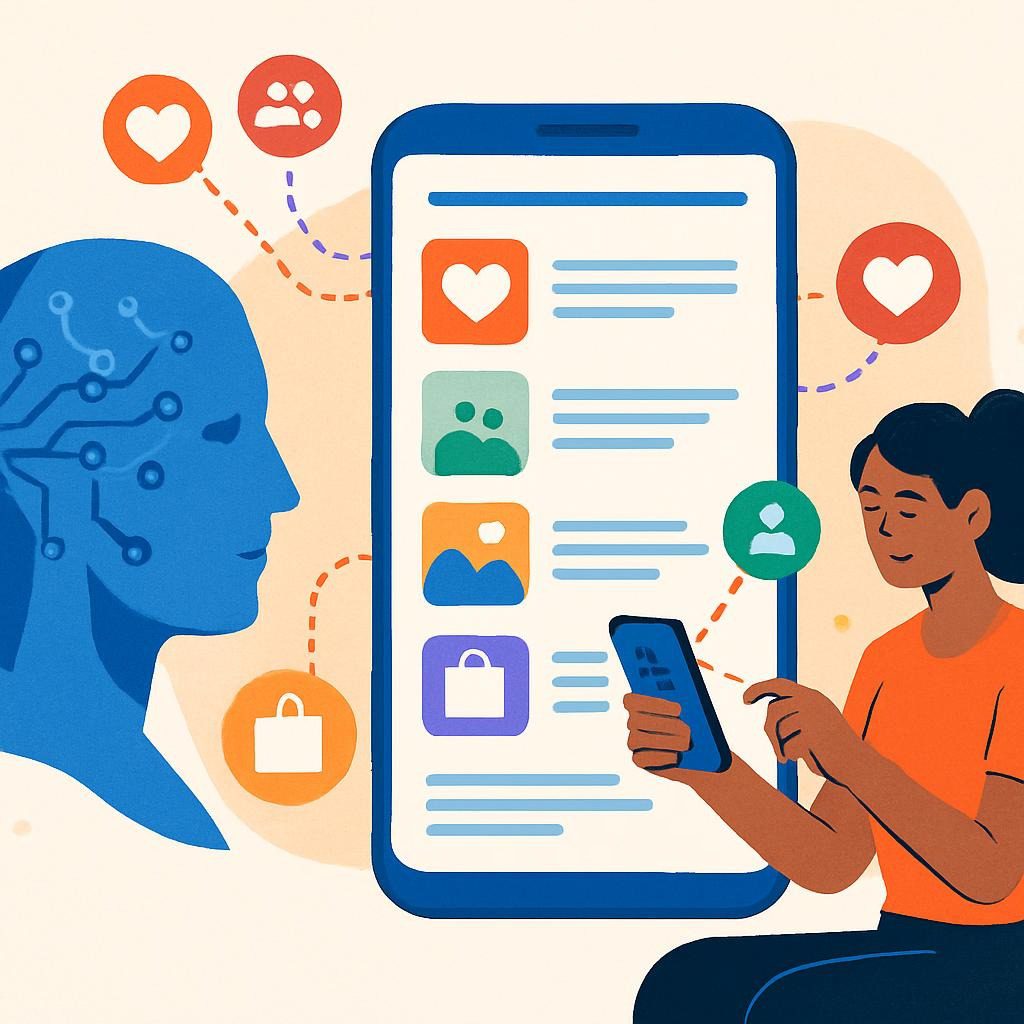 Illustration depicting AI algorithms curating personalized social media feeds based on user behavior in 2025