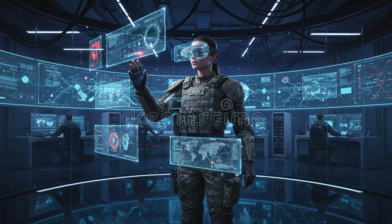 Futuristic Soldier in Digital Command Center with Holographic ...