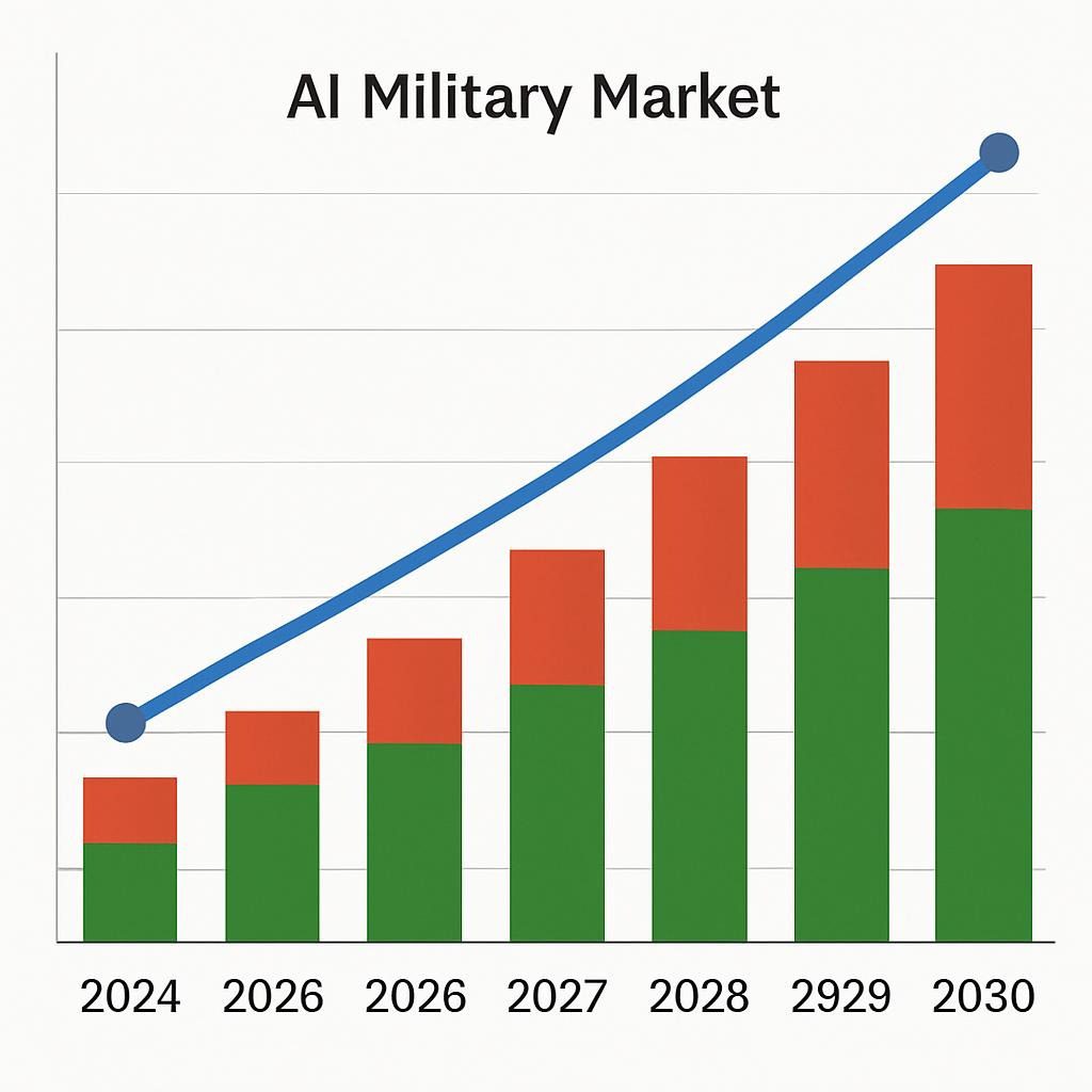 A line graph showing AI military market growth from 2024 ($14.3B) to 2030 ($29B), with overlaid bars for major investors (U.S., China, Russia). Use blue for the growth line and red/green for bars