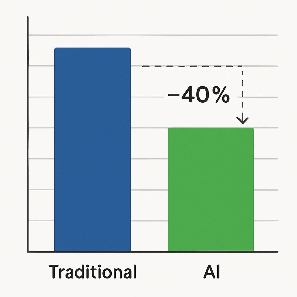 Bar graph comparing traditional vs. AI financial management costs, with AI showing 40% savings