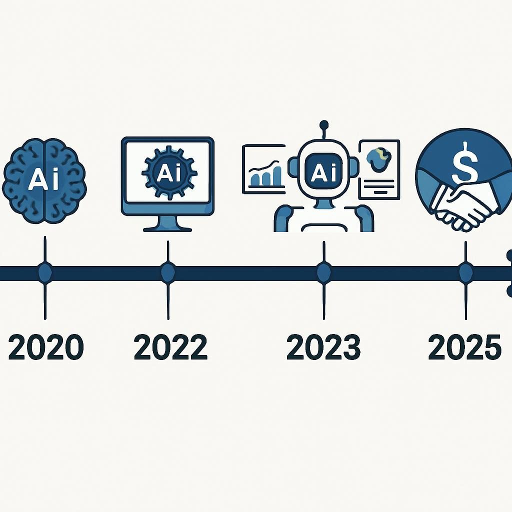 A timeline of AI in finance milestones from 2020 to 2025, showing key innovations like generative AI integration in 2023 and widespread adoption in 2025