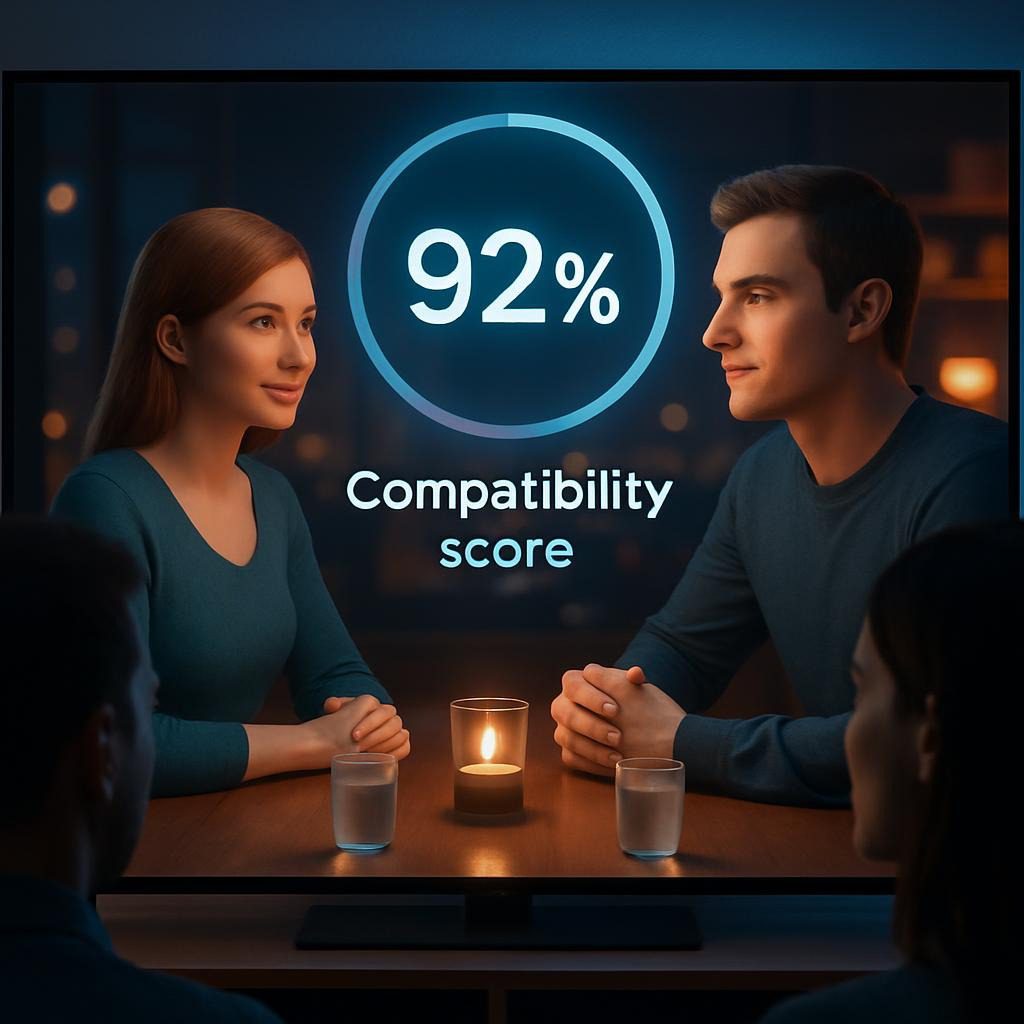Two AI avatars on a virtual date in 2027, with compatibility score overlay and human users watching the summary reel