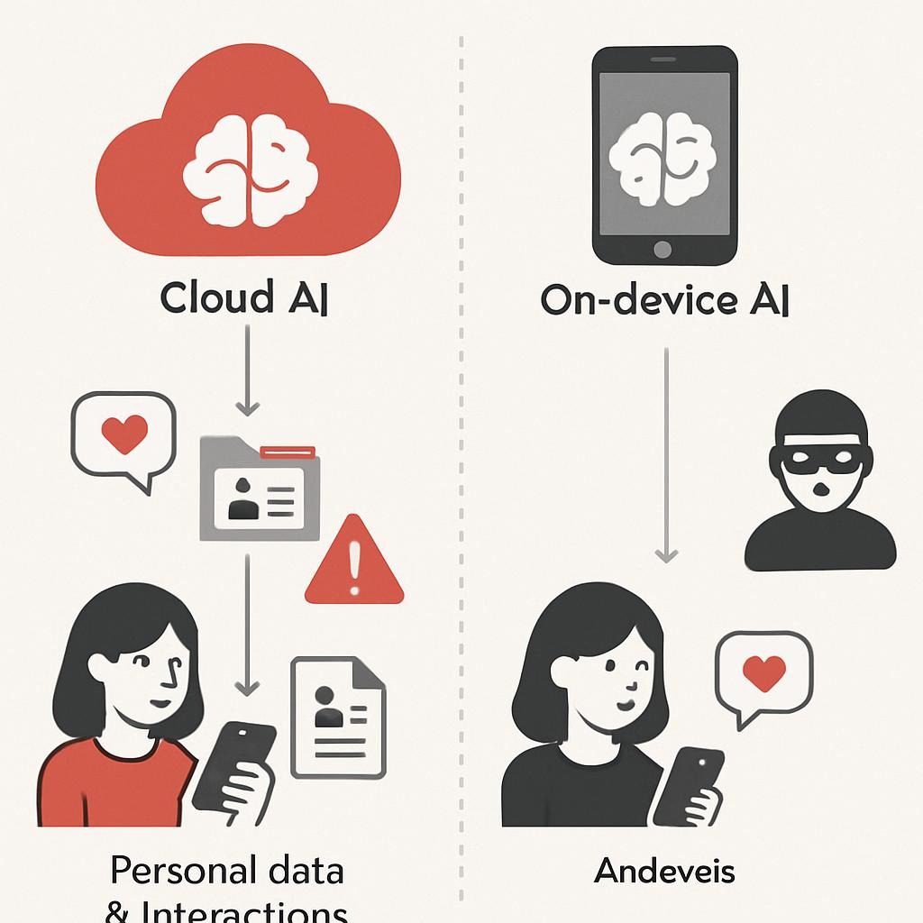diagram: Privacy threat model — Cloud AI vs On-device AI in dating assistants
