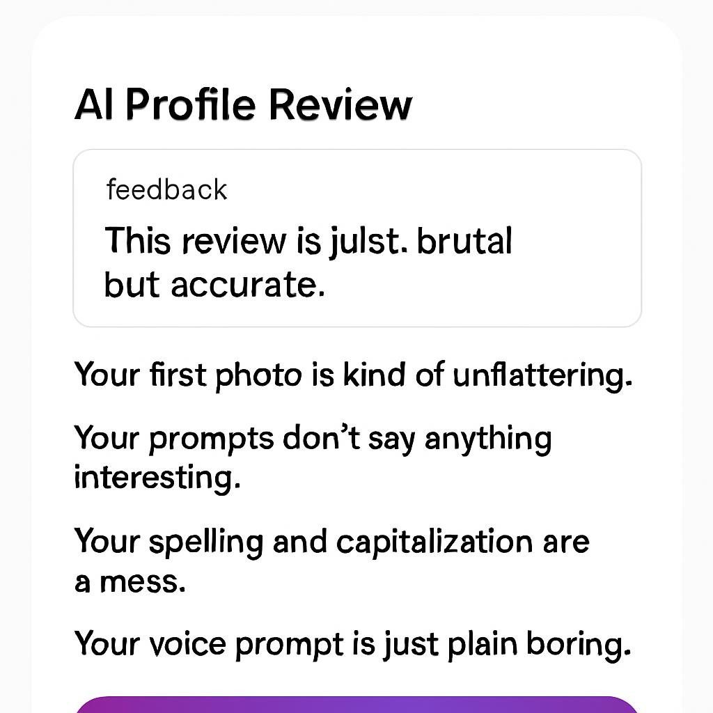 screenshot-style mockup: Hinge’s 2025 AI profile review interface giving brutal but accurate feedback