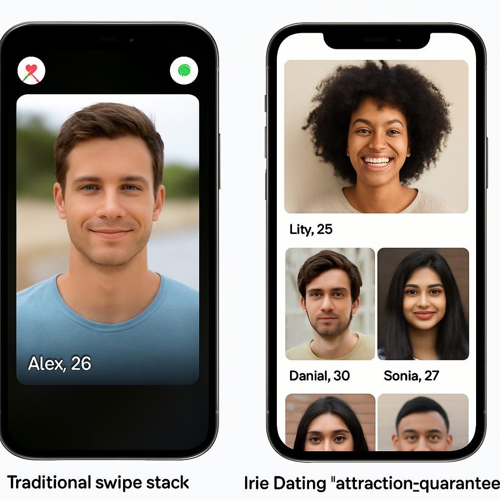 screenshot comparison: Traditional swipe stack vs Iris Dating “attraction-guaranteed” feed — almost no left swipes needed