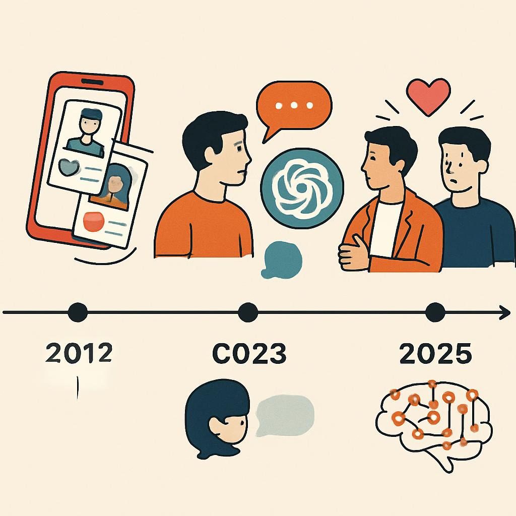 infographic: Timeline — From 2012 swipe algorithms → 2023 ChatGPT rizz hacks → 2025 full AI wingmen & attraction neural networks