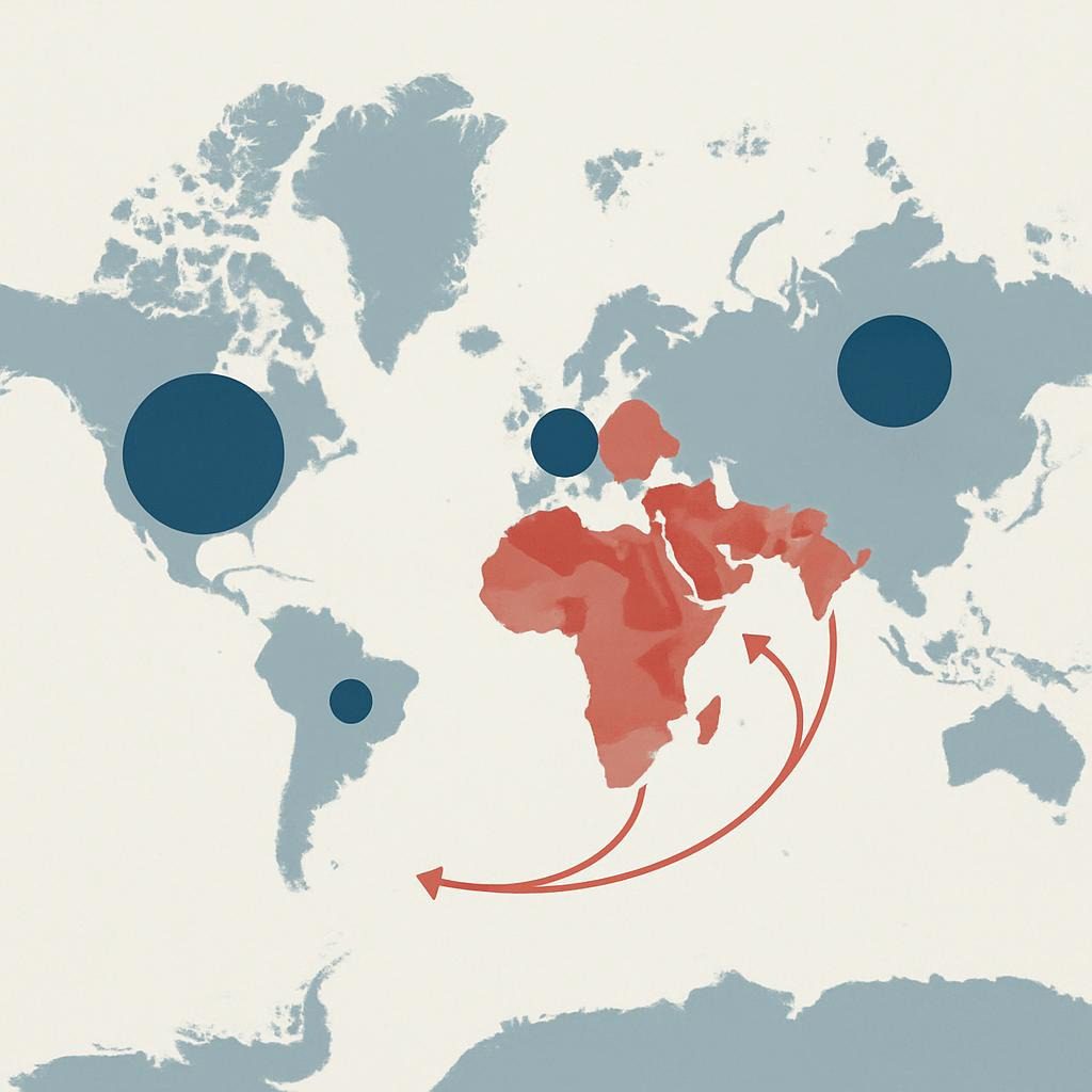 The infographic should display a world map that displays AI military investments by country, with bubbles corresponding to spending amounts and arrows indicating their proliferation to non-state actors. Use colors like red for high-risk areas and blue for regulated zones