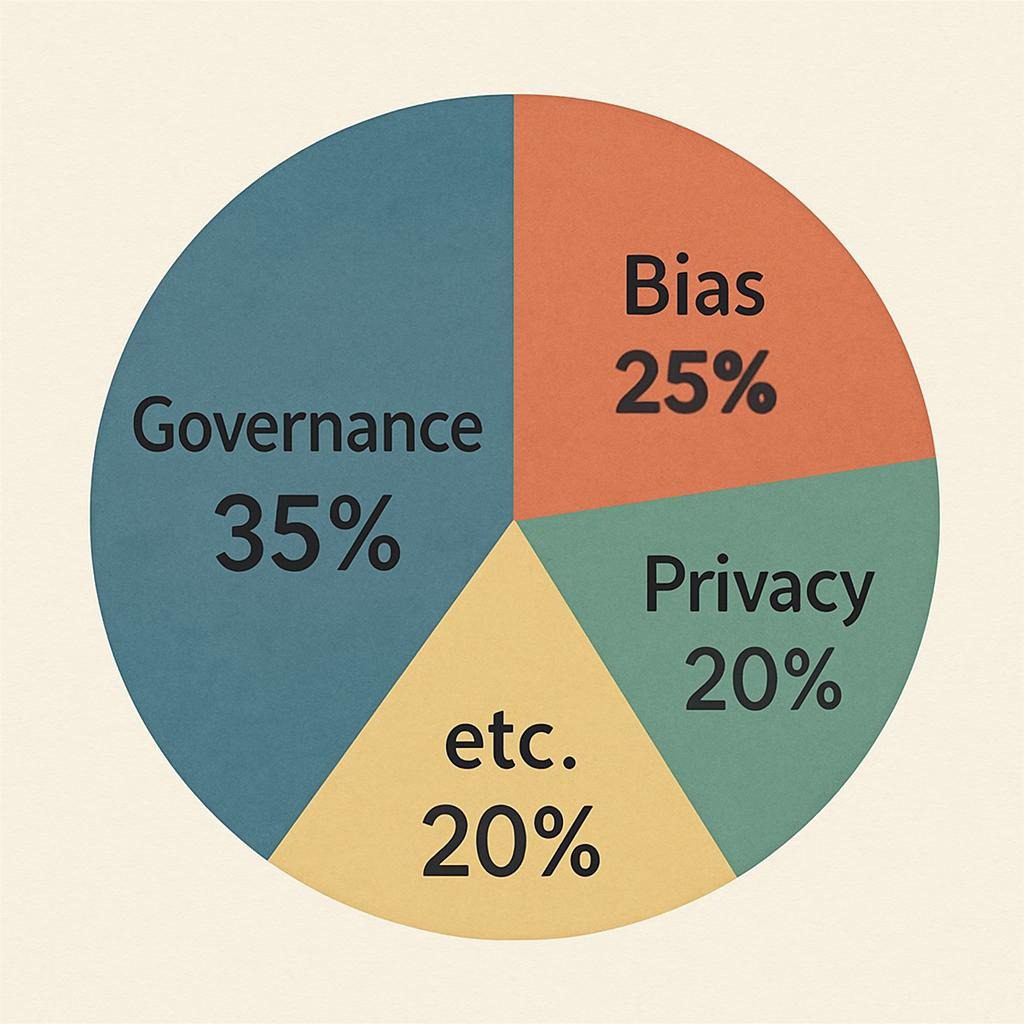Pie chart breaking down AI ethics trends: 35% governance, 25% bias, 20% privacy, etc
