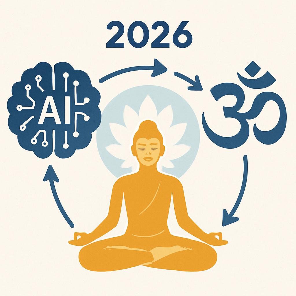 A diagram illustrating the future integration of AI and spirituality by 2026.