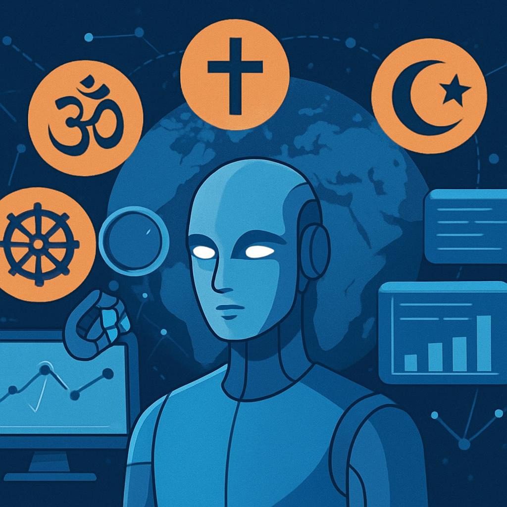 An illustration of AI analyzing world religions.