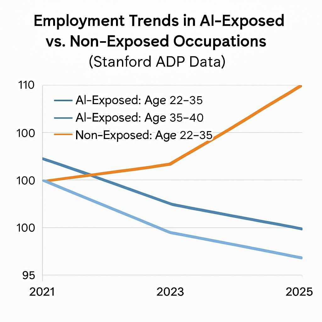 Line graph showing employment trends in AI-exposed vs. non-exposed occupations from 2021-2025, using Stanford ADP data, with separate lines for age groups 22-25 and 35-49