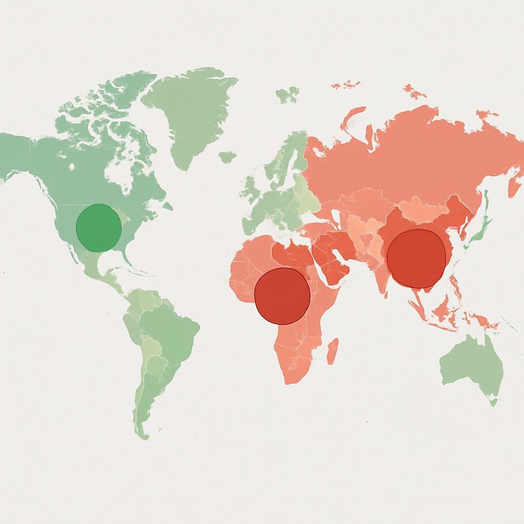 A world map showing AI adoption rates by region, with bubbles sized by projected job creation/displacement from WEF data, color-coded for positive (green) vs. negative (red) impacts