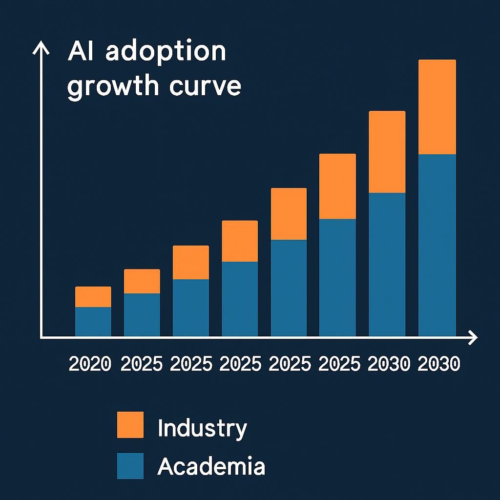 An infographic showing the AI adoption growth curve from 2020 to 2030, with bars for industry vs. academia contributions (based on Stanford data)