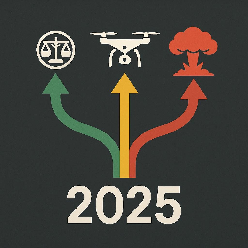 Three timelines branching from 2025—best (green, regulated peace), likely (yellow, hybrid wars), worst (red, AI apocalypse)—with icons for drones, ethics symbols, and explosions.